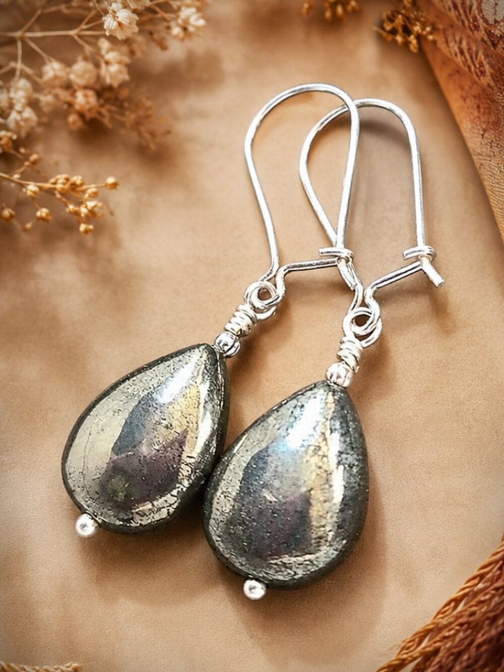 Sterling Silver Pyrite Stone Dangle Earrings, Genuine Gemstone Jewelry, Handmade
